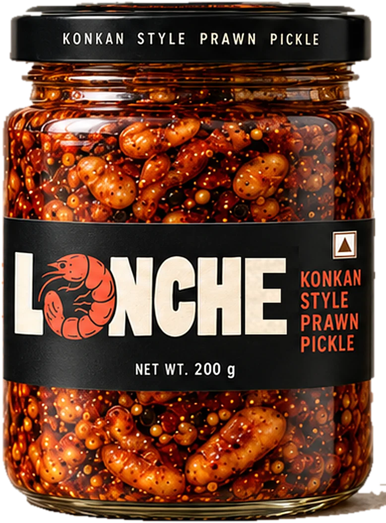 A 200 g jar of Lonche Konkan style prawn pickle, packed with whole prawns in red masala